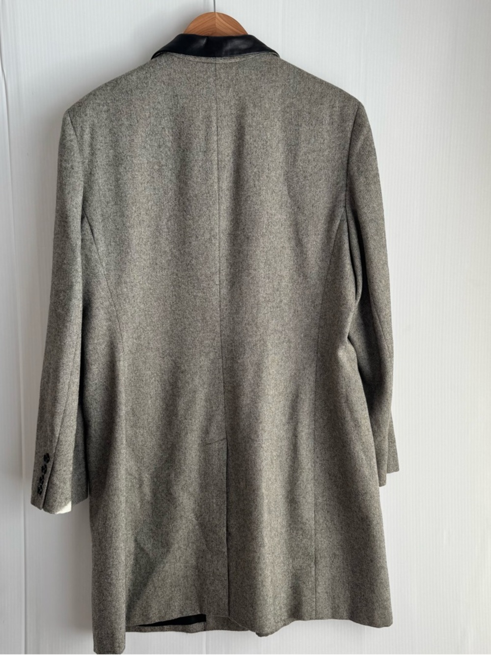 Vintage Ralph Lauren Gray Wool-Blend Trench Coat Black leather  Collar - Picture 3 of 7